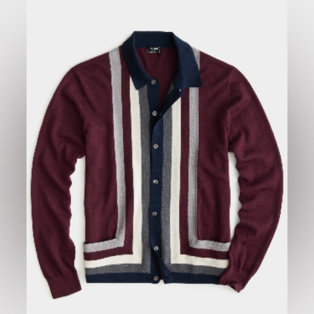 Todd Snyder LONG SLEEVE FULL PLACKET STRIPE SWEATER POLO IN MAROON large